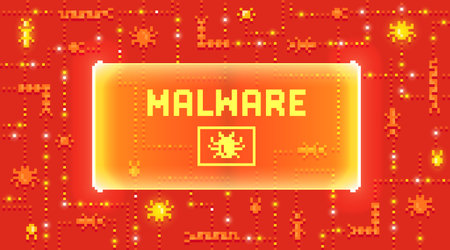 Web banner with phrase Malware. Concept of cyber attack, hacking, invasion of privacy or spyware. Sci-fi screen background with neon design. 8 bit pixel art style vector illustrationのイラスト素材