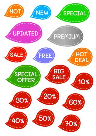 Cute Colorful Sale Labels, Marketing Banners, Discount Price Tags in Bubble Speech Isolated on White Backgroundのイラスト素材