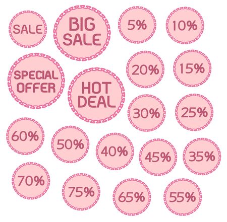 Sweet Pink Pastel Color Sale Labels Discount Price Tags Stickers Isolated on White Backgroundのイラスト素材