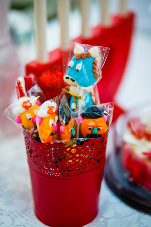 cuties horse blue lollipop and sadness face lollipop stand in the red vintage boxの写真素材