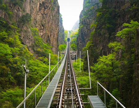 tram way to peak of Huangshan mountain, Anhui, Chinaの写真素材