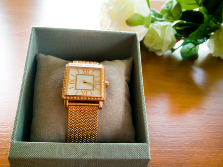 lady's gold rose watch in the luxury boxの写真素材