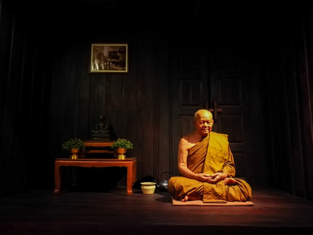 Pattaya Chonburi, Thailand, 27 July 2017 : the wax figure of Thai venerable monk in the houseのeditorial素材