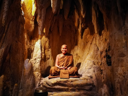 Pattaya Chonburi, Thailand, 27 July 2017 : the wax figure of Thai venerable monk in the caveのeditorial素材