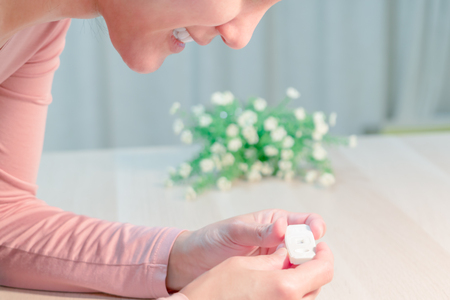 happy women smiling when wait the prenancy test resultの写真素材