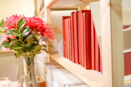 book shelf, red book on shelf, education conceptの写真素材