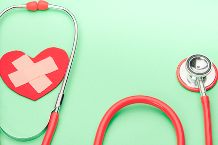 healthcare and medicine stethoscope and red heart symbol healthy and insurance world health day conceptの写真素材