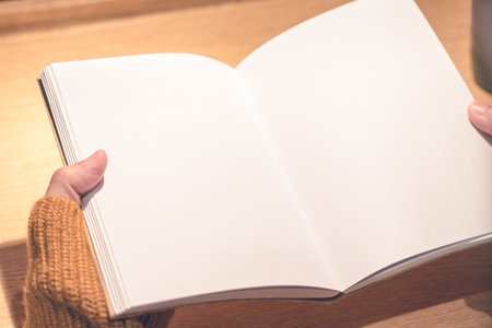 women reading a book on her hand, blank book holding for copy space, education concept