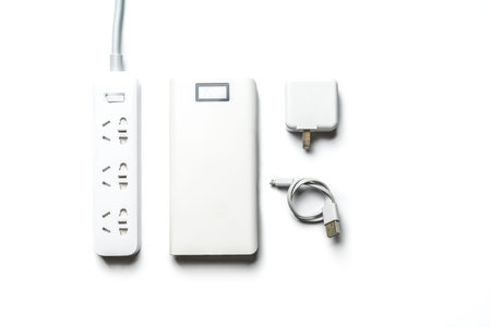 socket plug electric power bank and wire white color isolate. save energy and reduce energy...