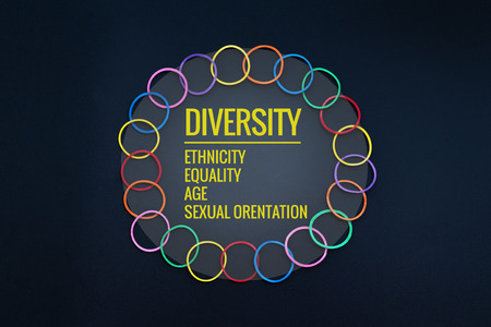 Diversity concept. mix colorful rubber band on black background with text Diversity, Ethnicity, Equality, Age, Sexual Orientationの写真素材