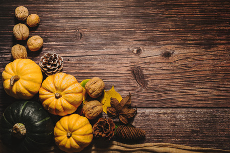 Happy Thanksgiving Day with pumpkin and nut on wooden tableの写真素材