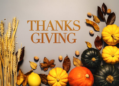 Happy Thanksgiving Day with pumpkin and nut on gray background