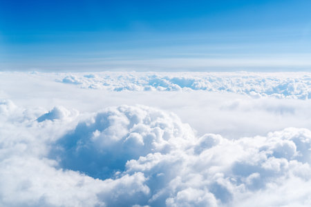 blue skyline and cloudscape, view of the airplane window