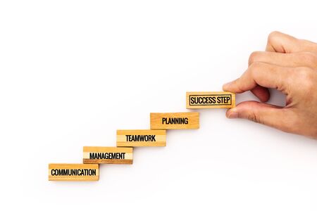 Staircase step to success. Successful business concept. wooden step with text and copy spaceの写真素材
