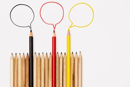 Community communication, represents people conference, social media interaction & engagement. group of pencils sharing idea on the white background with copy spaceの写真素材