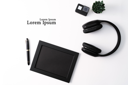 Mockup, Photo Frame, Action camera, Headphones, Pen, and Cactus, Black object on white backgroundの写真素材