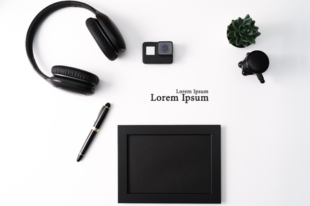 Mockup, Photo Frame, Action camera, Headphones, Pen, and Cactus, Black object on white backgroundの写真素材