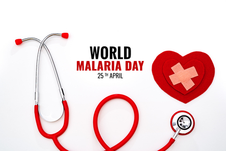 World Malaria Day, April 25, healthcare and medical concept, red stethoscope and red heart on white backgroundの写真素材
