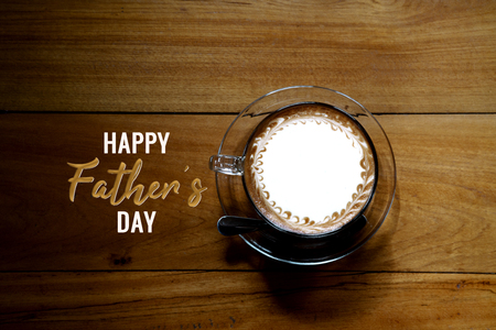 Happy Fathers Day, top view of coffee on wooden tableの写真素材