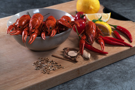 Crayfish or baby Lobster. Red boiled crawfishes on a wooden