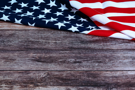 Memorial Day with American flag and flower on wooden backgroundの写真素材