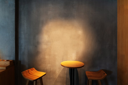 wooden table in the corner of coffee shopの写真素材