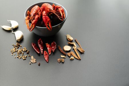 Crayfish red, Baby Lobster with herb for stir fry on black backgroundの写真素材