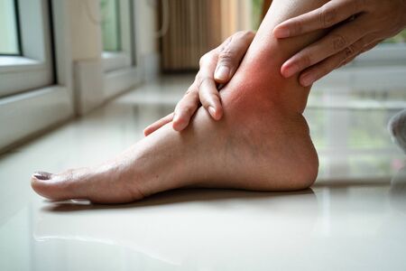 women leg ankle injury/painful, women touch the pain ankle legの写真素材