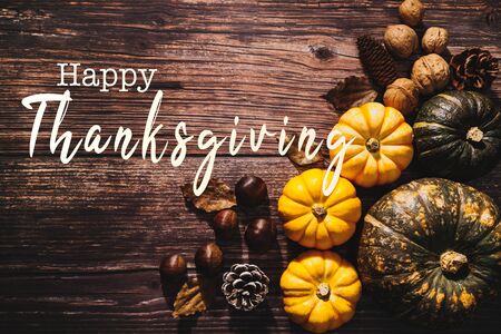 Happy Thanksgiving Day with pumpkin and nut on wooden tableの写真素材