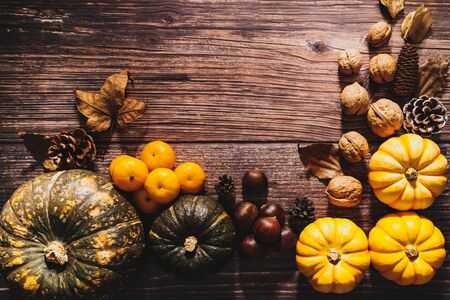 Happy Thanksgiving Day with pumpkin and nut on wooden tableの写真素材