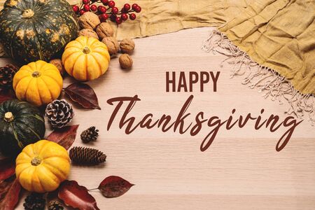 Happy Thanksgiving Day with pumpkin and nut on wooden backgroundの写真素材