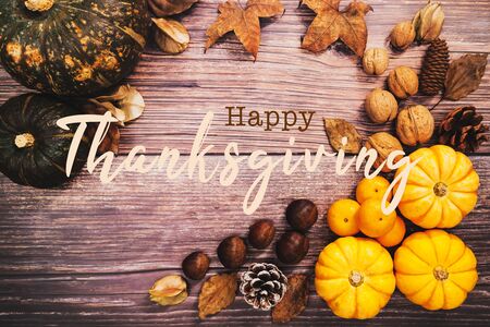 Happy Thanksgiving Day with pumpkin and nut on wooden tableの写真素材