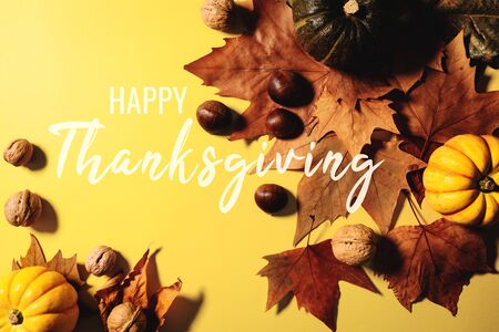 Happy Thanksgiving Day with maple leaves, nut and pumpkin on yellow backgroundの写真素材