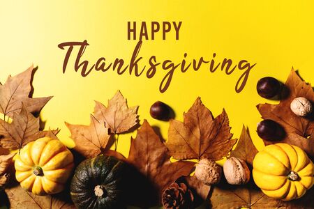 Happy Thanksgiving Day with maple leaves, nut and pumpkin on yellow backgroundの写真素材