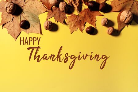 Happy Thanksgiving Day with maple leaves and nut on yellow backgroundの写真素材