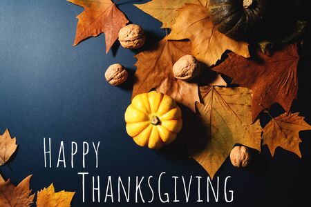Happy Thanksgiving Day with maple leaves, nut and pumpkin on blue backgroundの写真素材