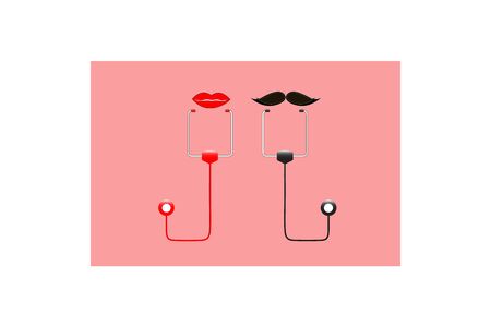 Healthcare and medical concept, red kiss and mustache with stethoscope and red heartbeat for woman and man represent vectorのイラスト素材