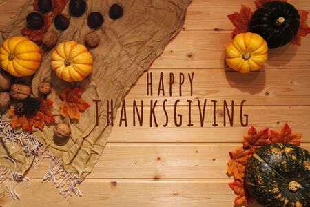 Happy Thanksgiving Day with pumpkin and nut on wooden backgroundの写真素材