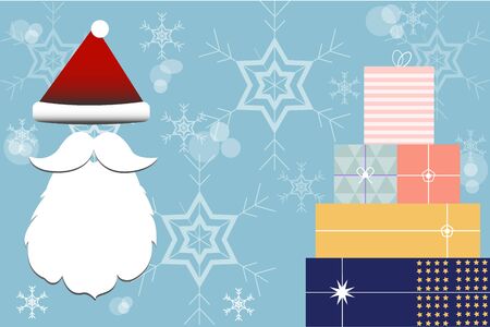 Santa Claus mustache and red hat with snow and gift on blue background vectorのイラスト素材