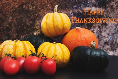 Happy Thanksgiving Day with pumpkin and tomatoの写真素材