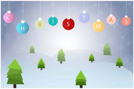 Christmas ball hanging with pine tree vector on blue backgroundの写真素材