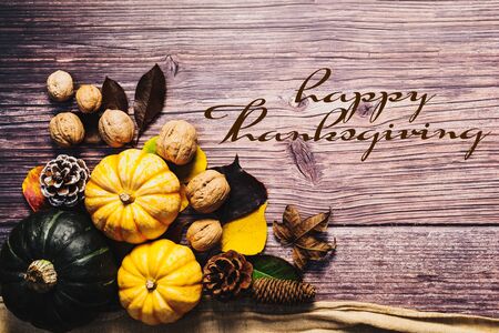 Happy Thanksgiving Day with pumpkin and nut on wooden tableの写真素材