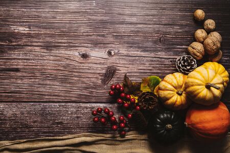 Happy Thanksgiving Day with pumpkin and nut on wooden tableの写真素材