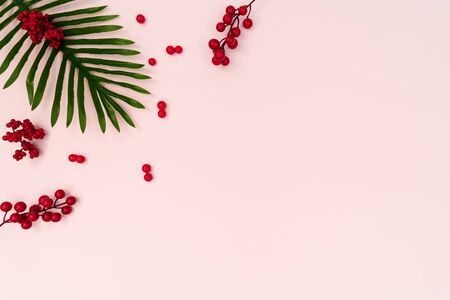 palm tree with red cherry on pink background. Flat lay, top viewの写真素材