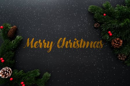 Christmas pine tree with xmas decoration on black backgroundの写真素材
