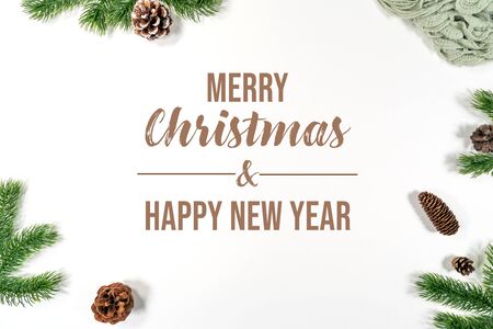 Christmas winter composition. Christmas pine cones, fir branches on white background. Flat lay, top view, copy spaceの写真素材