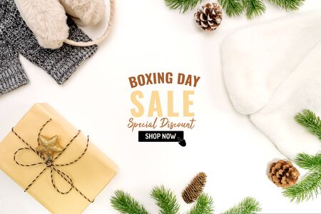 Boxing day sale with Christmas present and xmas decoration on white backgroundの写真素材