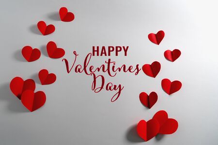 Valentine card with red heart on white background, abstract, flat lay, top viewの写真素材