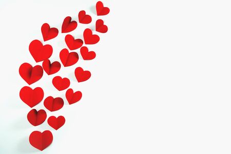 Valentine card with red heart on white background, abstract, flat lay, top viewの写真素材