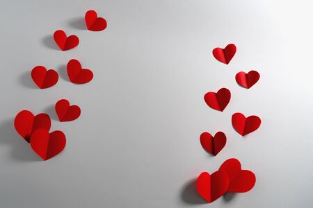 Valentine card with red heart on white background, abstract, flat lay, top viewの写真素材